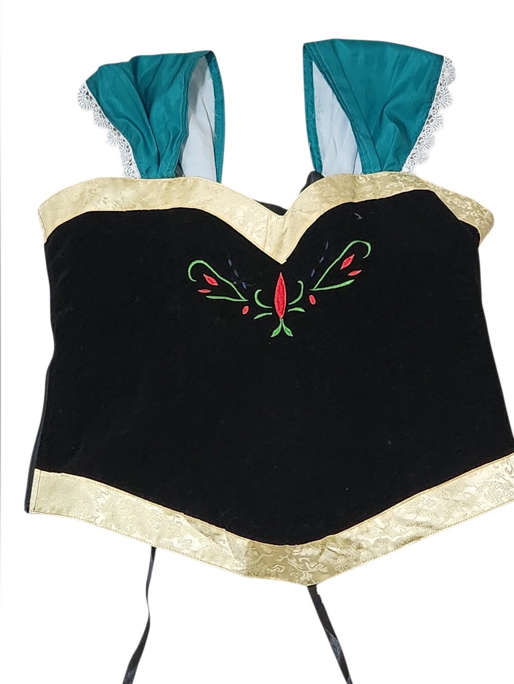 Black Velvet Corset Top with Green Straps and Gold Trim NWT